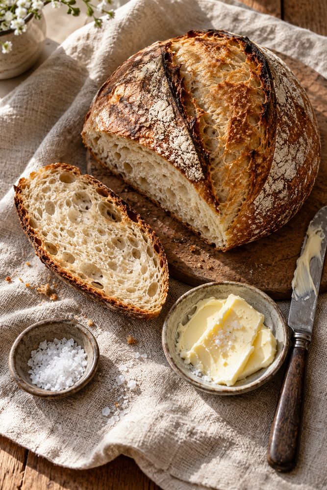 Overhead food photo of a sourdough loaf generated with GPT Image 2