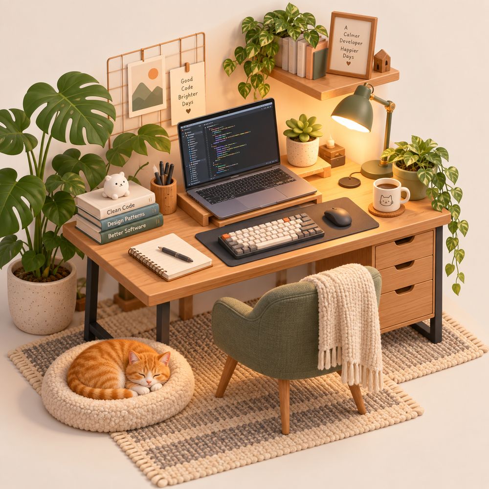 Isometric illustration of a cozy developer desk with a cat, made in Claude Code