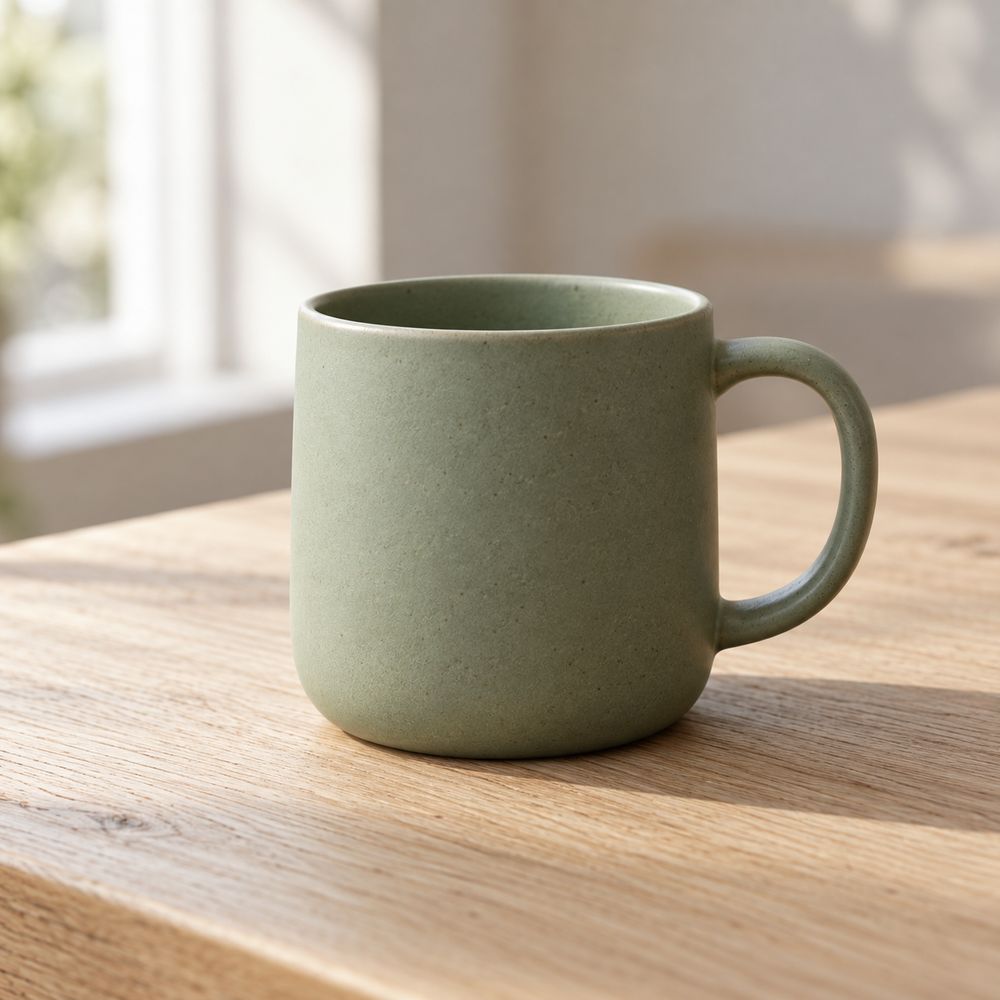Product photo of a sage-green ceramic mug generated by Claude Code with GPT Image 2